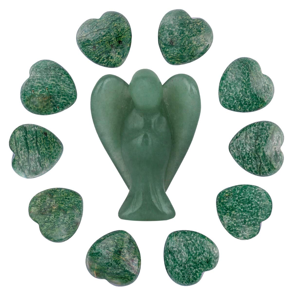 mookaitedecor Green Aventurine Crystal Angel Ornament Guardian Angel Statue & Green Jade Heart Crystals Set Heart Shaped Stones Love Ornament Reiki Healing Crystal Set Small Crystal Heart Gift