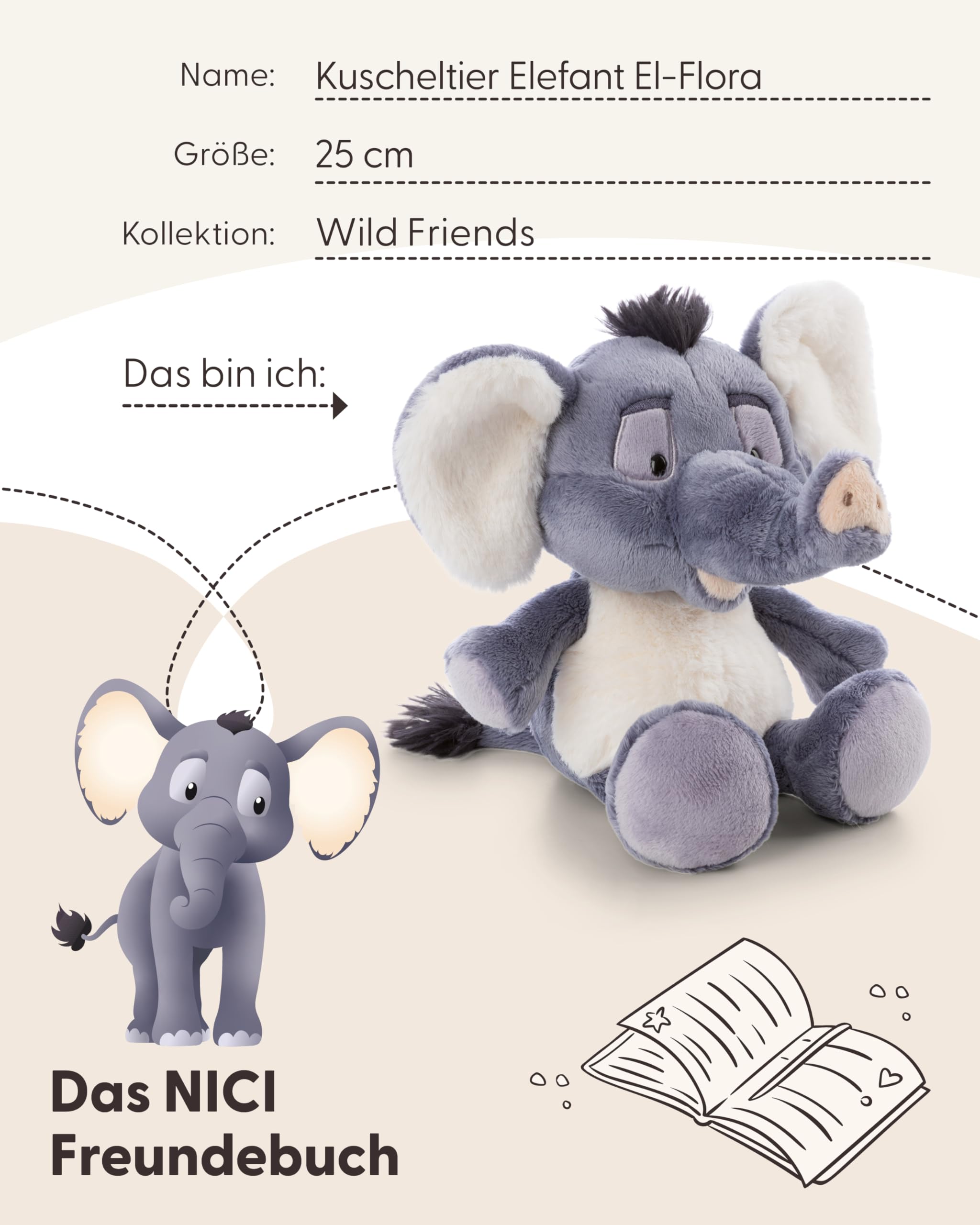 NICI Kuscheltier Elefant EL-Flora 25cm - grau - 62741 6