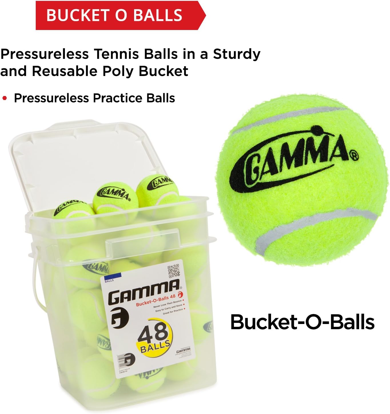 GAMMA Pressureless Tennis Ball Bucket| Case w/48 Practice Balls| Sturdy/Reusable/Portable Bucket to Replace Less Durable Tennis Mesh Bags| Ideal For All Court Types| Gamma Premium Tennis Accessories : Tennis Balls : Sports & Outdoors