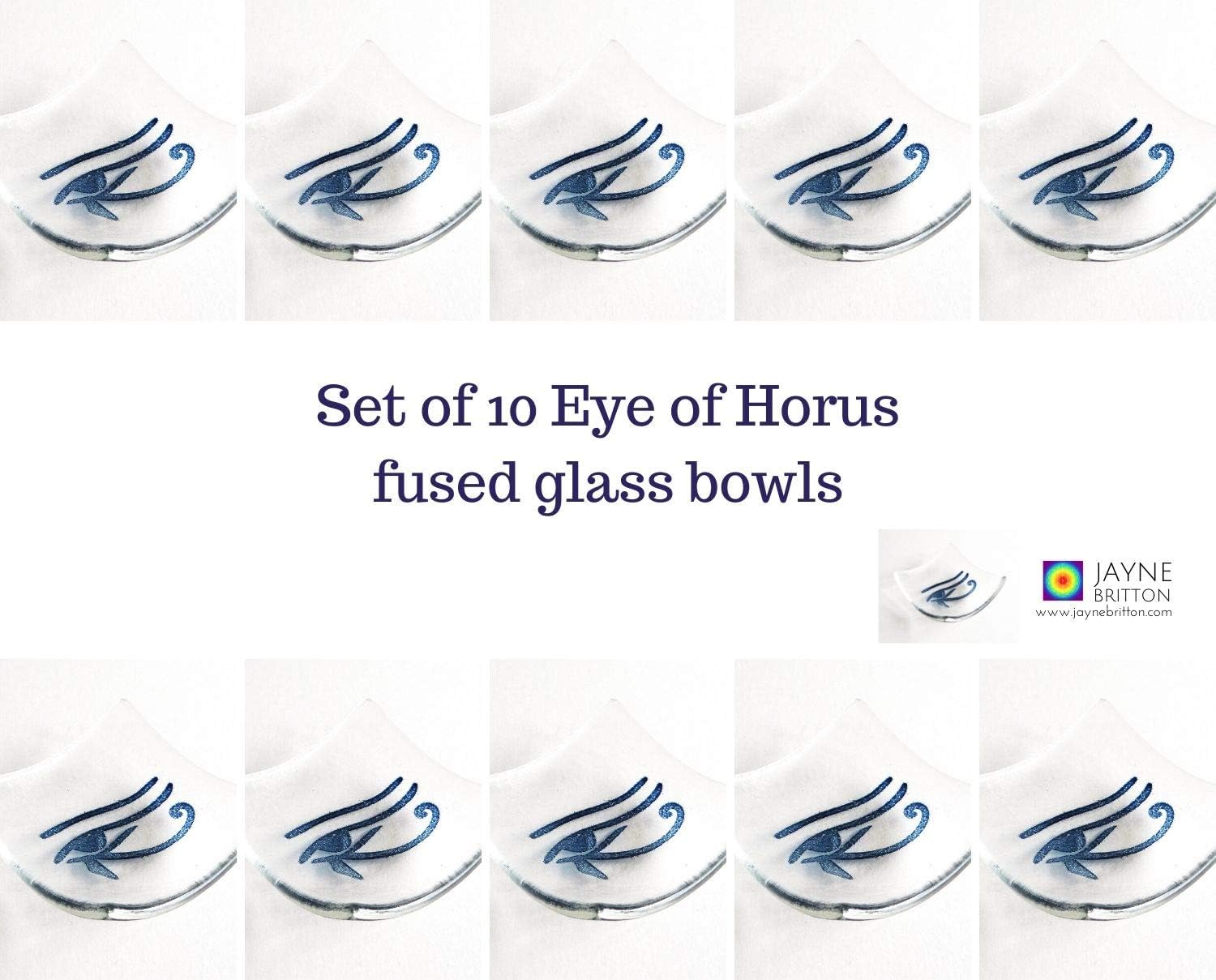 Pack of 10 Fused glass Eye of Horus bowls, symbol of protection, earring or ring dish, tea light candle holder, Egyptian god design, ancient