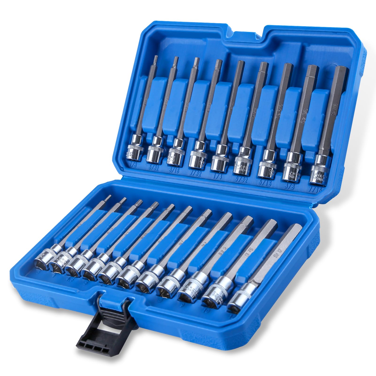 SPEEDWOX 20PC 3/8" Drive Extra Long Allen Hex Bit Socket Set Standard SAE and Metric (1/8 Inch to 7/16 Inch, 3mm to 12mm) for Impact Drills and Ratchet Wrenches CR-V and S2 Steel with Storage Case