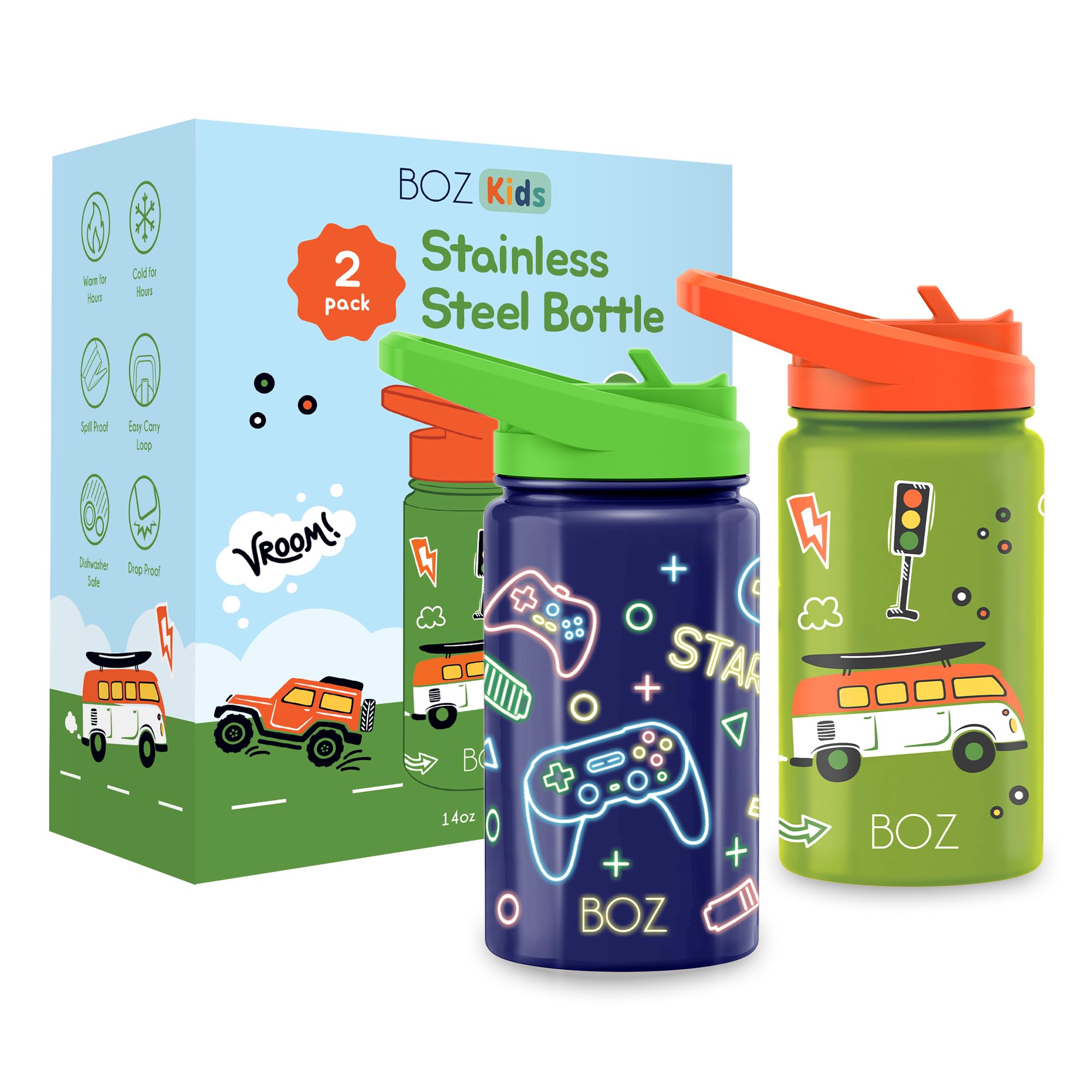 BOZ Kids Water Bottles for School, Stainless Steel Kids Water Bottle with Straw, BPA Free, Vacuum Double Wall Insulated Toddler Water Bottle - Leakproof and Shatterproof (Game/Car)