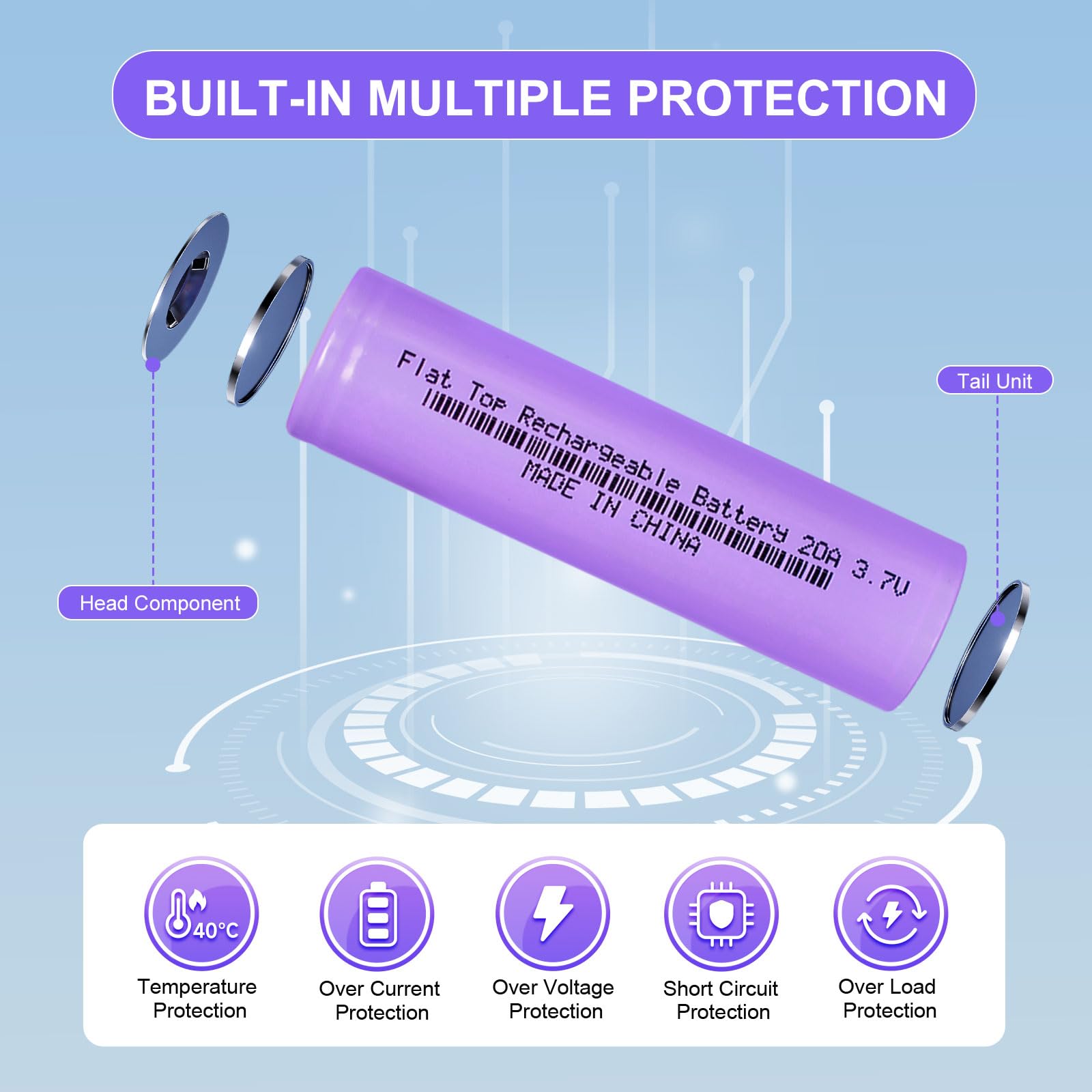 3.7 Volt 18650 Rechargeable Battery, 3000mAh Battery Flat Top Lithium Batteries for LED Flashlights, Headlamp (6 Pack)