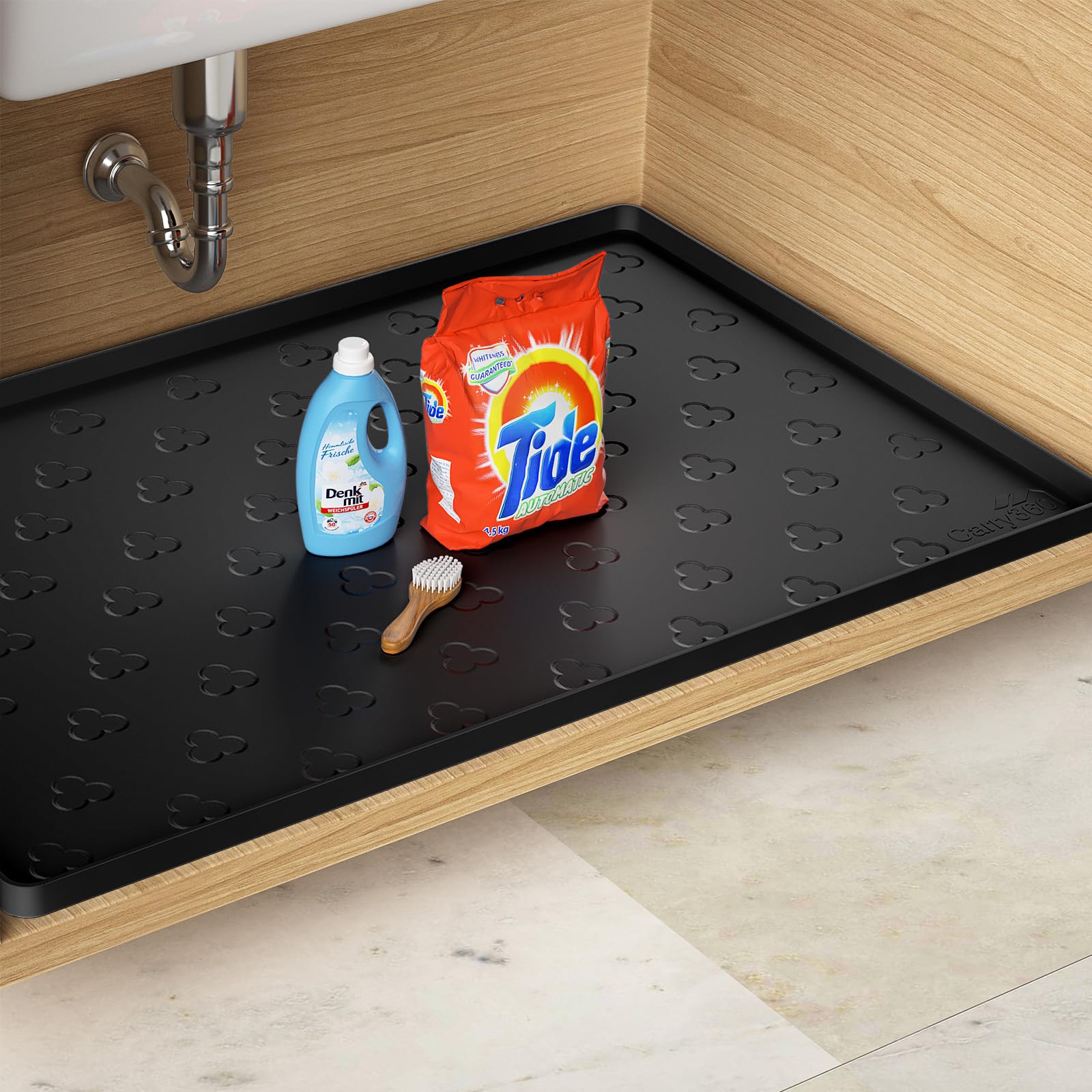 Photo 1 of Under Sink Mat 34" x 22" Waterproof Kitchen Cabinet Mat, Flexible Under Sink Liner, Kitchen Bathroom Cabinet Mat Protector for Drip Leak Spill (Black)