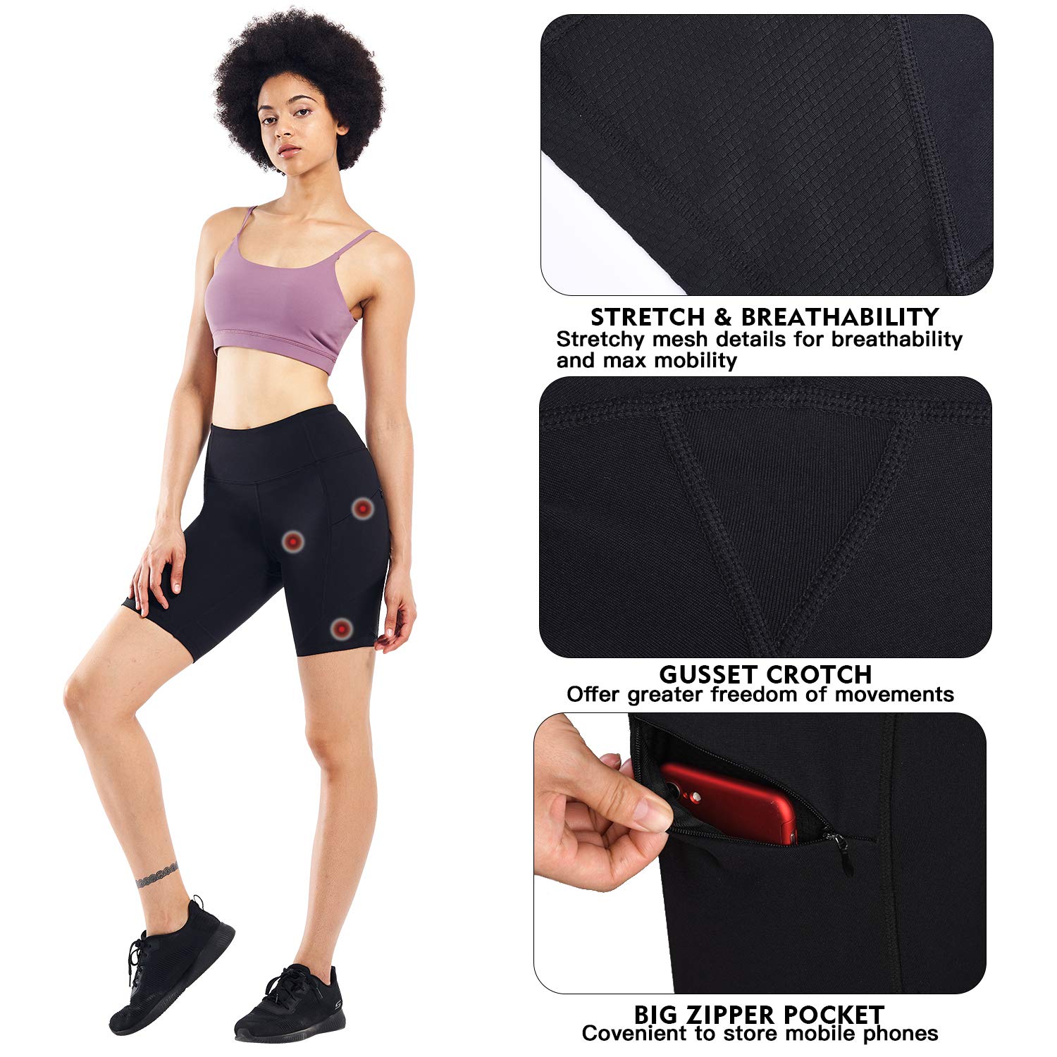 Matymats High Waist Yoga Shorts with Zipper Pockets - Women\'s Tummy Control Workout Biking Running Shorts