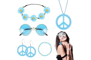 YYBD 6Pcs Hippie Costume Accessories Set Boho Peace Sign Necklace Love and Peace Earrings Daisy Flower Crown Headband Hippie