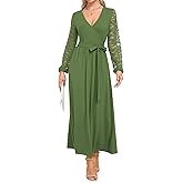 AUSELILY Women's Lace Dress Long Sleeve Maxi 2025 Fall V Neck Wrap Waist Formal Party Long Dresses with Pockets
