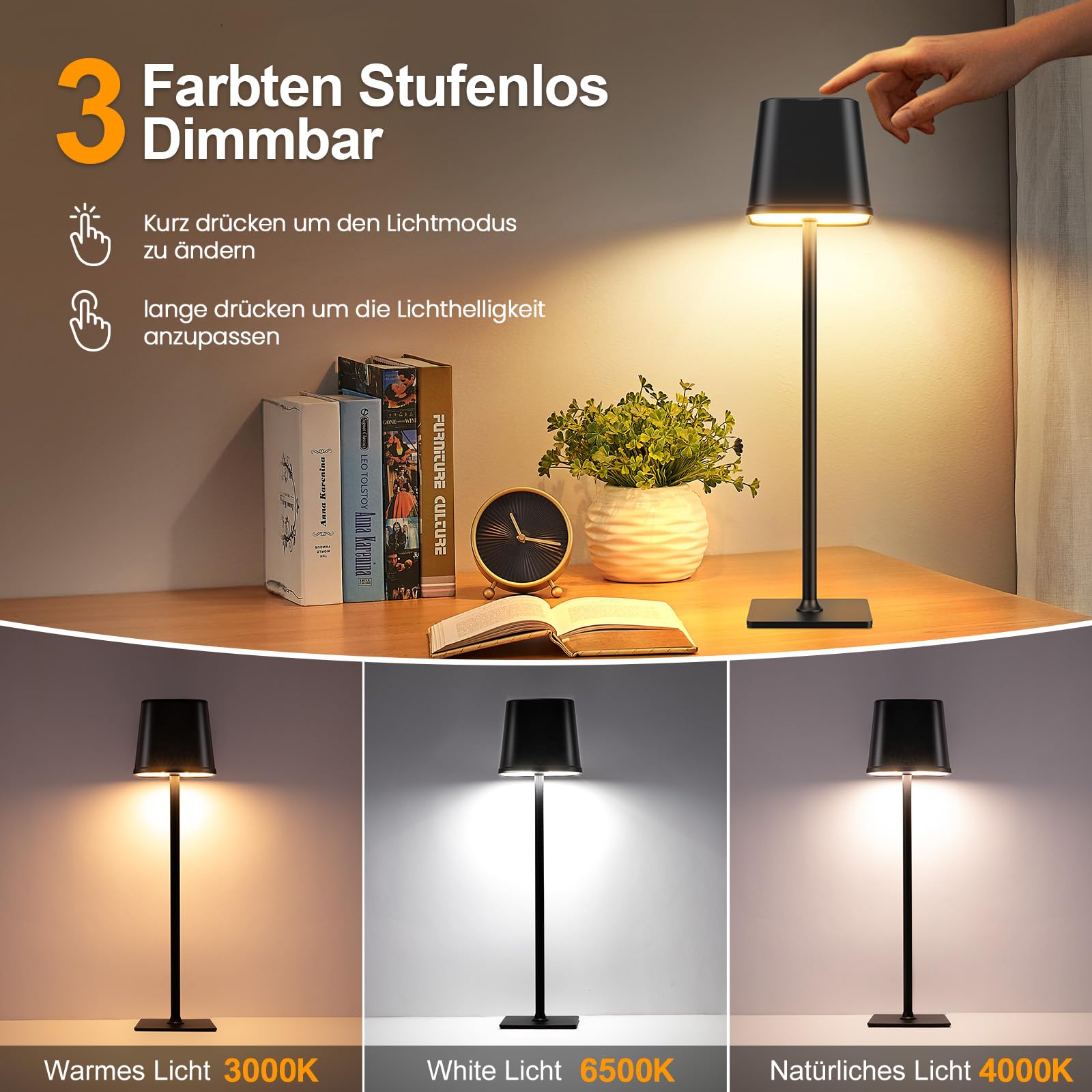 RECHOO LED Tischlampe Kabellos 2 Stück , Dimmbare Nachttischlampe Touch, Schreibtischlampe, Lese Lampe, Tischleuchte Outdoor und Indoor, USB-C, Camping Lampe, Warmweißes Licht 2