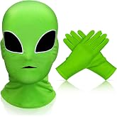 Xtinmee Halloween Green Alien Mask and Gloves Set for Adults | Classic Full Face Hood, Long Spandex Gloves, Unisex Halloween Costume, Cosplay Party Accessory for Men Women