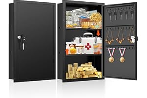 22.05" Tall Wall Safes Between the Studs with Removable Shelf, Lockable Hidden Safe Box with 10 Hooks for Keys Jewellery, in 