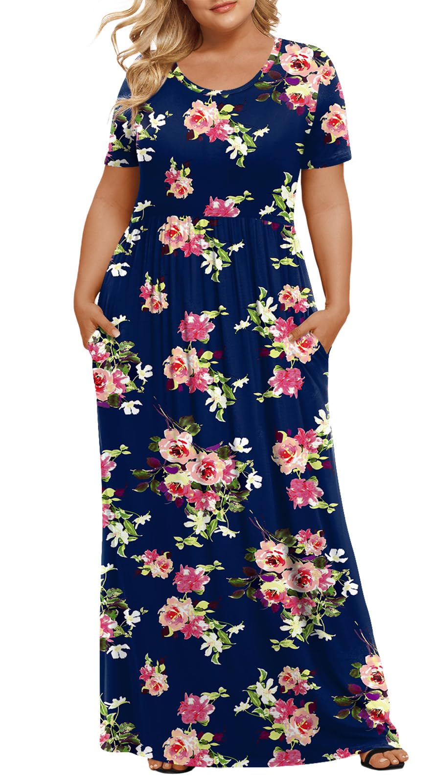 LONGYUAN Women's Plus Size Maxi Dresses for Curvy Women Summer Short Sleeve Casual 2026 Long Dress Navy Blue Fl XL Image