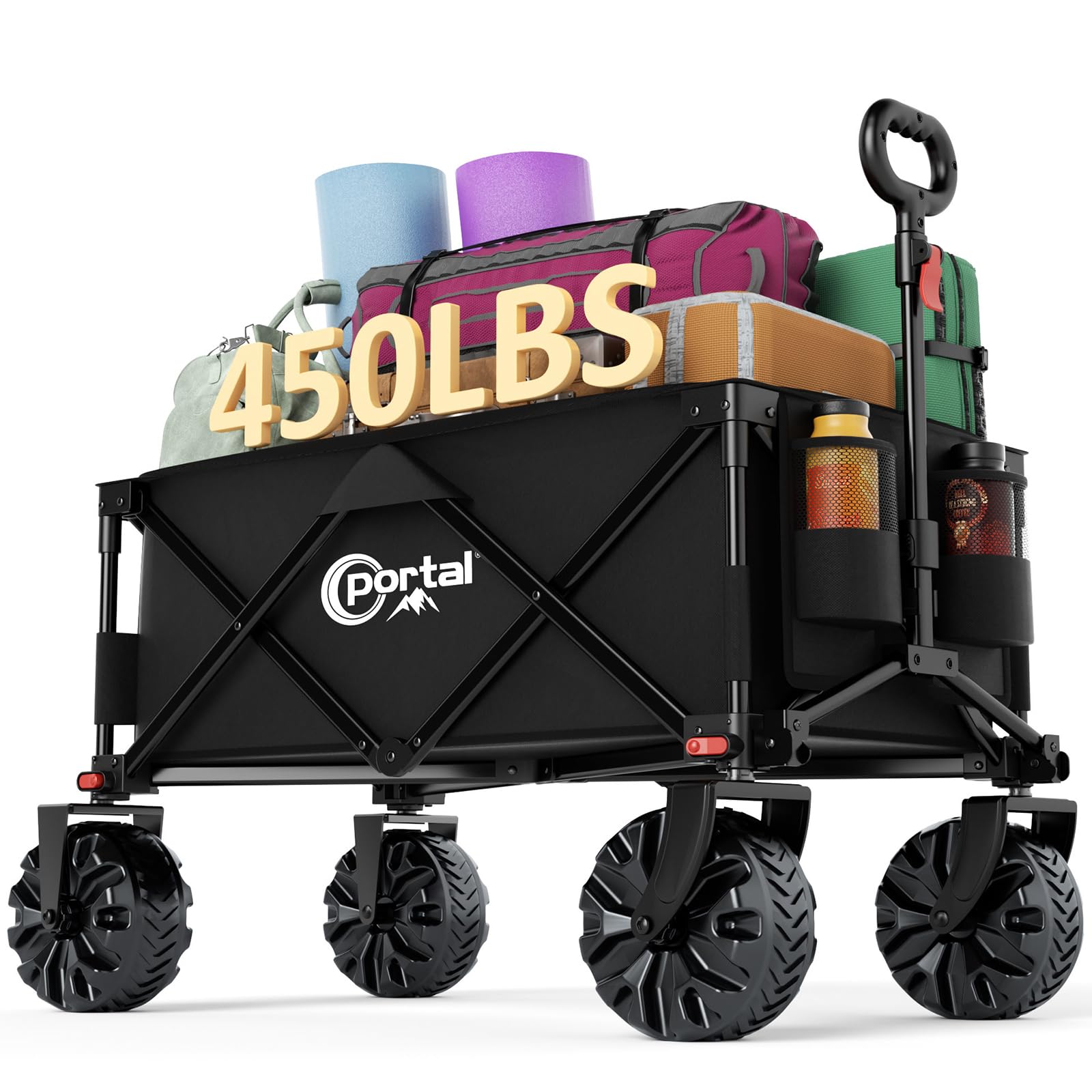 PORTAL Collapsible Folding Utility Beach Wagon Carts Heavy Duty with All Terrain Wheels for Outdoor, Camping, Garden, Shopping, Groceries, Foldable, Large Capacity, Portable, Black Image