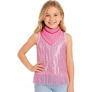 Girls Sequin Fringe Tank Top Bandana Set, Sparkly Sleeveless Dance Party | Sparkly Sequin Fringe Tank Top With Matching Banda