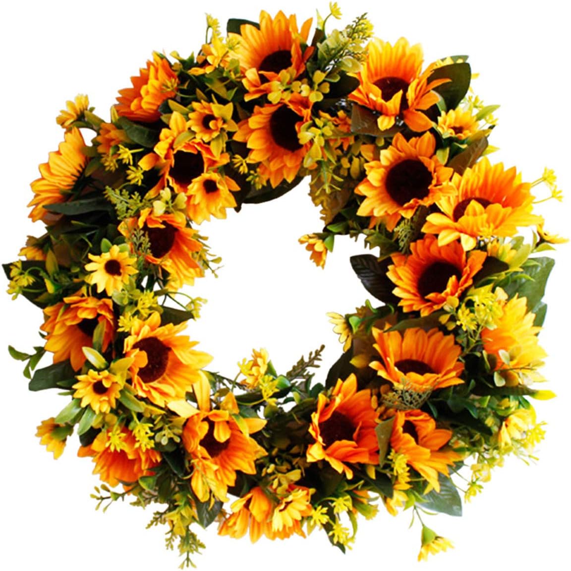 Yinhua Artificial Sunflower Wreath Spring Wreath with Natural Vines for Home Door