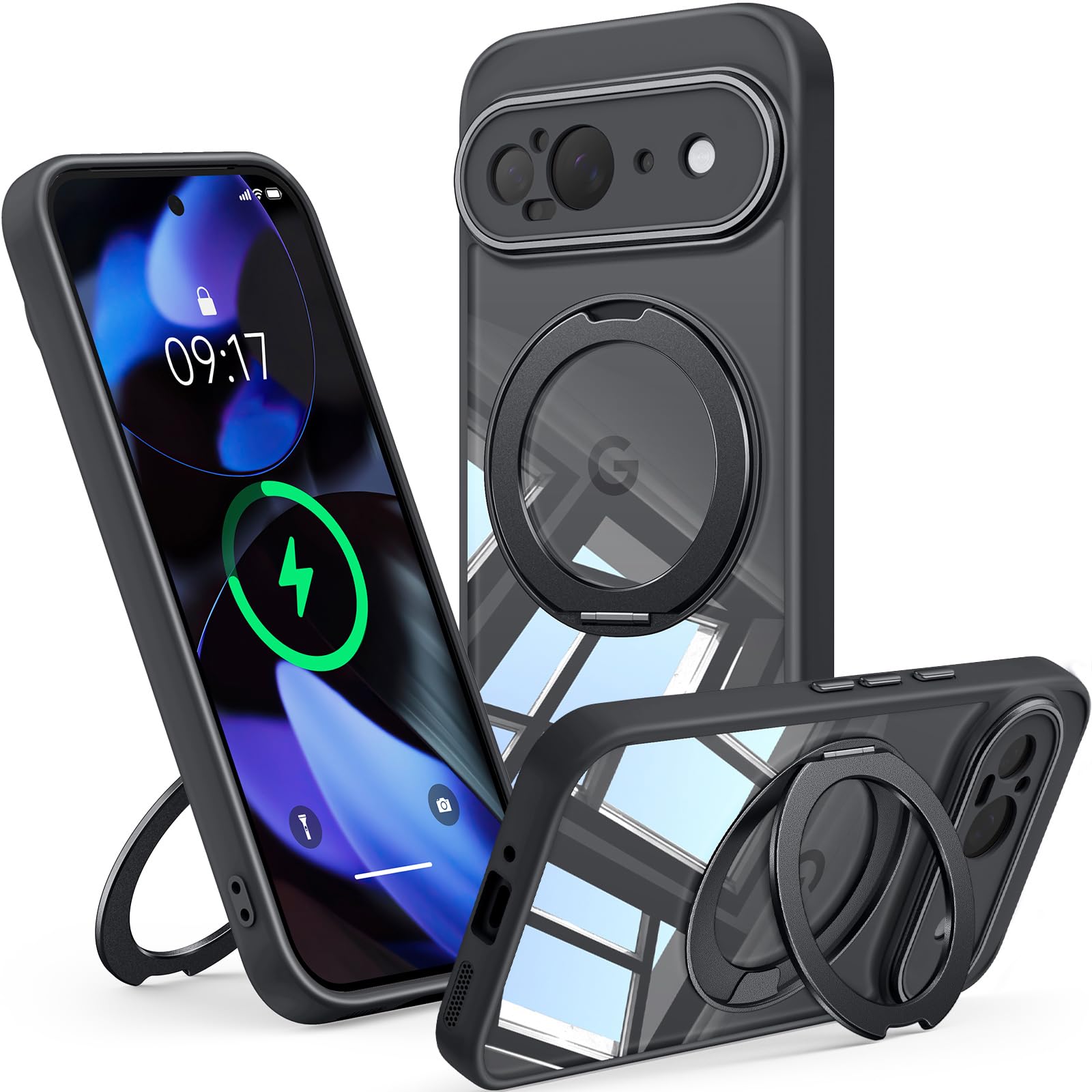 Photo 1 of ?360° Spin Magnetic Stand? Case for Google Pixel 9 ?Fit for MagSafe & Pixelsnap? Cover with Ring Holder ?No-Yellow Crystal Clear? Camera Protection Phone Google Pixel 9 Case - Black