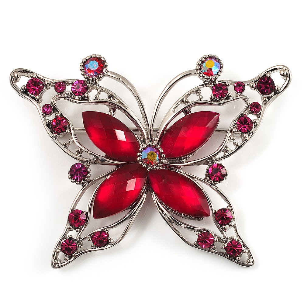 Magenta Diamante Butterfly Brooch (Silver Tone)
