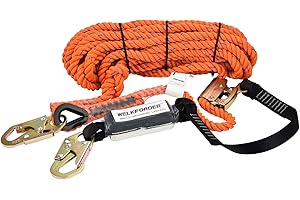WELKFORDER 50FT Vertical Lifeline Assemble Three Strand Rope Fall Protection with Rope Grab Snap Hooks Shock Absorber Fall Protection Safety Equipment ANSI Compliant
