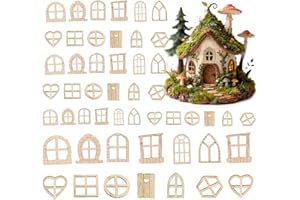 HIZONCORE 50Pcs Doll House Windows Doors Craft Kit, 12 Styles Fairy Door Windows, Wood Miniature Garden Doors Window Fairy House Accessories for Garden Tree Home Party Decor