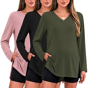 Ekouaer Womens 3 Pack Maternity Shirts Long Sleeve Pregnancy V Neck Clothes | Split Side Basic Tops, Causal Maternity Shirt O