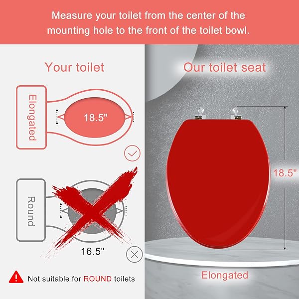 RED ELONGATED TOILET SEAT NATURAL WOOD TOILET SEAT WITH ZINC ALLOY HINGES, EASY TO INSTALL ALSO EASY TO CLEAN, SCRATCH RESISTANT TOILET SEAT BY ANGOL SHIOLD (ELONGATED, RED)