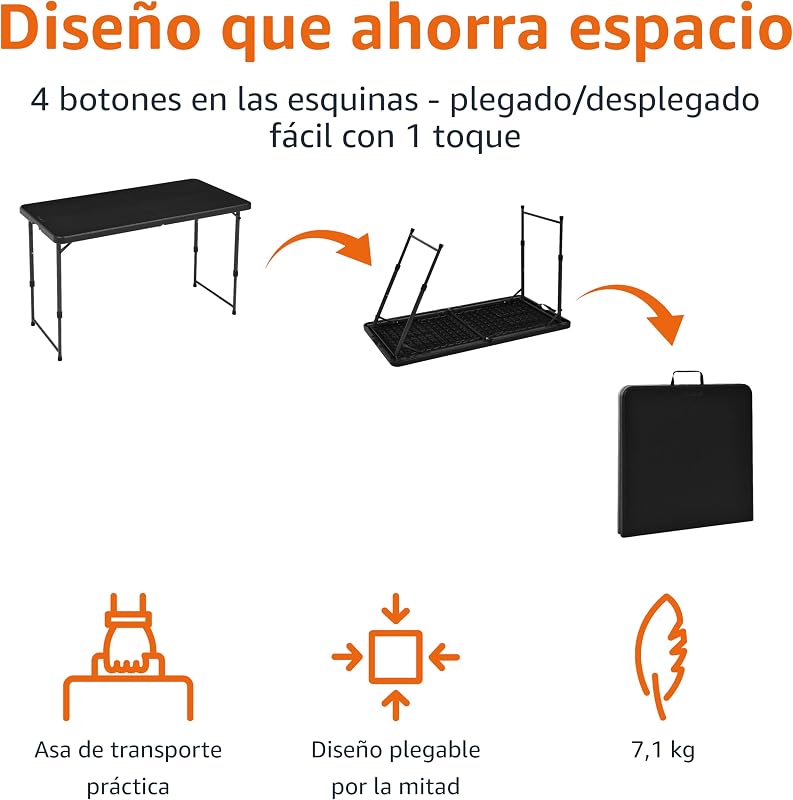 Mesa Plegable Rectangular de 1.2 m, 4 ajustes de Altura, asa de Transporte, Interiores y Exteriores, portátil, Ligera, de Viaje, Picnic, Camping, Negro Lavado, 121.4 x 60.7 x 86.1 cm — foto 4 de 6