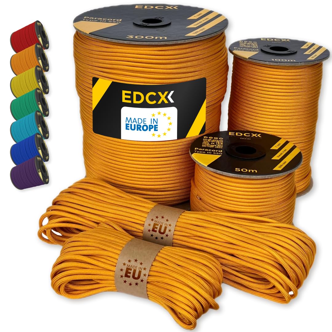 EdcX Paracord 4mm, 35+ Solid Colors (10m, 15m, 30m, 50m, 100m, 300m) | Ideal for Crafting, DIY, Camping, Survival, Outdoor | 100% Nylon Rope 4mm | Tactical Cord 550 Type III (Orange Yellow, 300 m) — image 1