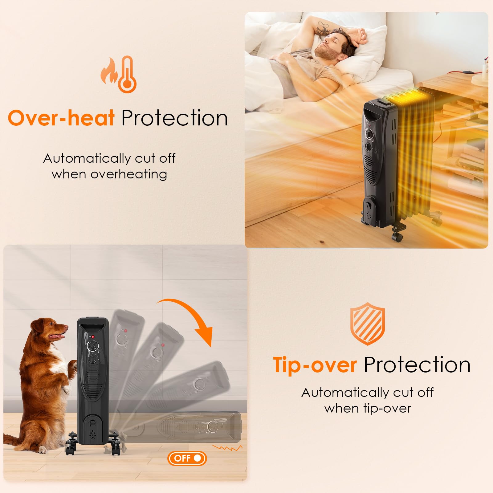 Oil Heater, 1500W Air Choice Electric Portable Space Heaters with 3 Heat Settings, Overheat & Tip-Over Protection, Adjustable Thermostat, Quiet Oil Filled Radiator Heater for Indoor Use, Home, Office