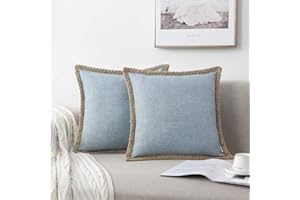 NordECO HOME Set of 2 Farmhouse Throw Pillow Covers - Burlap Linen Trimmed Tailored Edges Decorative Cushion Covers for Bed Home Decoration, 18 x 18, Light Blue