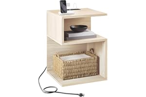 ODIKA Tokyo S Minimalist 3 Tier End Table with Fast Charging Station - USB C Cable Wood Nightstand for Small Spaces with Open Storage Bedside Table for Bedroom (Natural w/Charging)