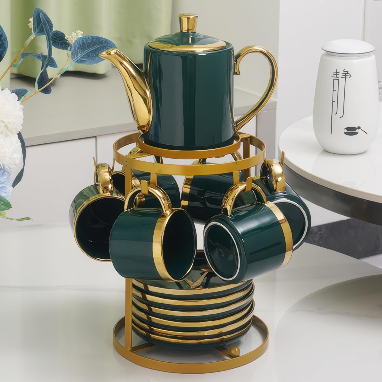 Photo 1 of LWXPAIYY Coffee Mug Holder Countertop,Muted Golden Yellow Metal Coffee Cup Holders for Counter,Warm Dark Gold Mug Stand Rack for Counter Top 6 Hooks(Round,Muted Gold)