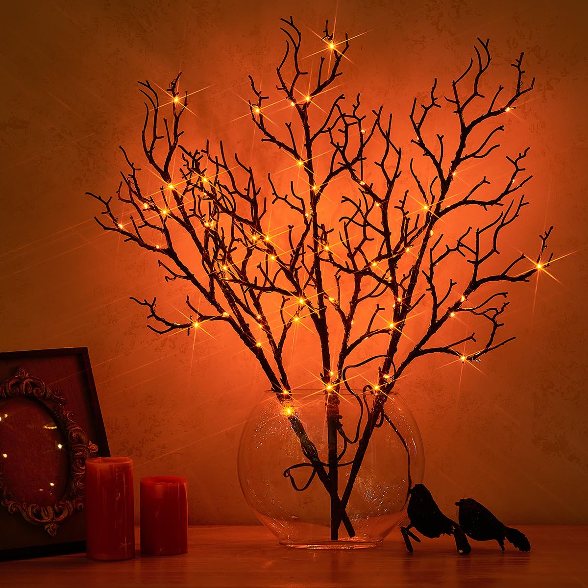 Photo 1 of Fudios Lighted Halloween Branches with Timer Orange Fairy Lights 21IN 75L,Battery Operated Black Twig Branch Lights Indoor Outdoor Use for Halloween Party Decoration