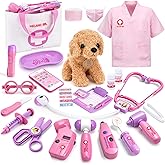 Meland Toy Doctor Kit for Girls, Pretend Play Toy Doctor Set with Dog , Carrying Bag, Stethoscope & Dress Up Costume Gift for Kids Toddlers Ages 3 4 5 6 Year Old for Role Play