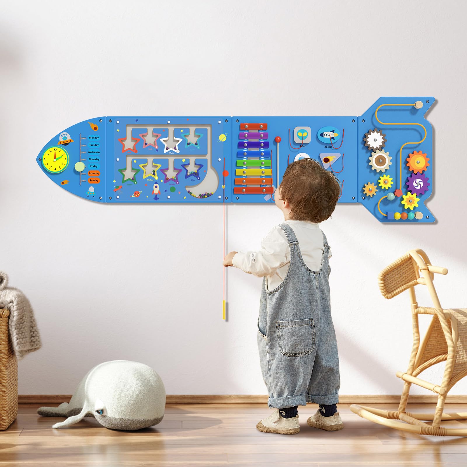 Photo 1 of Spacocld Rocket Activity Wall Busy Board Panels - Sensory Wall Panel for Kids, Montessori Toddler Wall Activity Board, Wall Toys for Toddlers 3, Activity Cube, Wall Activity Boards, Blue(4PCS)