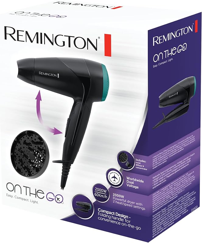 Secador de cabelo compacto pequeno remington, secador de viagem, dobrável, 2.000 w, concentrado, difusor compacto, 3 temperaturas, 2 velocidades, grade traseira removível, gancho de suspensão, d1500