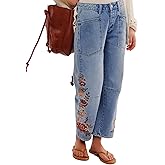 Women Floral Embroidered Denim Pants Wide Leg Baggy Barrel Jeans Tapered Bottom Trousers
