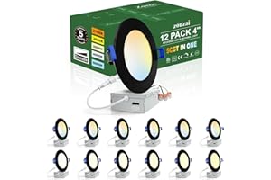 zouzai 12 Pack 4 Inch Black 5CCT Reset Ultra-Thin LED Recessed Ceiling Light with Junction Box, 2700K/3000K/3500K/4000K/5000K Selectable, 9W Dimmable, led can Lights - ETL and Energy Star Certified