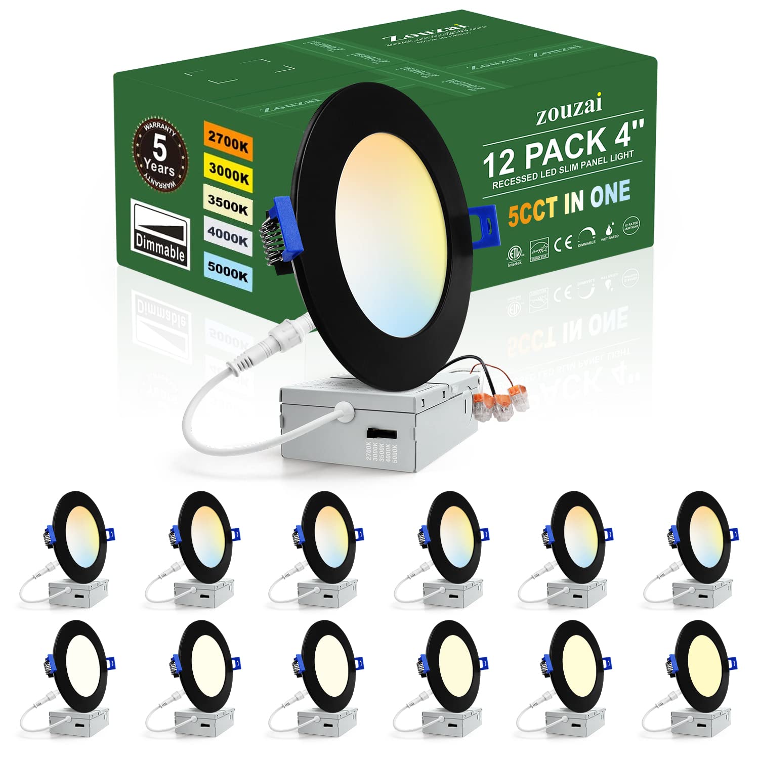 Photo 1 of zouzai 12 Pack 4 Inch Black 5CCT Reset Ultra-Thin LED Recessed Ceiling Light with Junction Box, 2700K/3000K/3500K/4000K/5000K Selectable, 9W Dimmable, led can Lights - ETL and Energy Star Certified