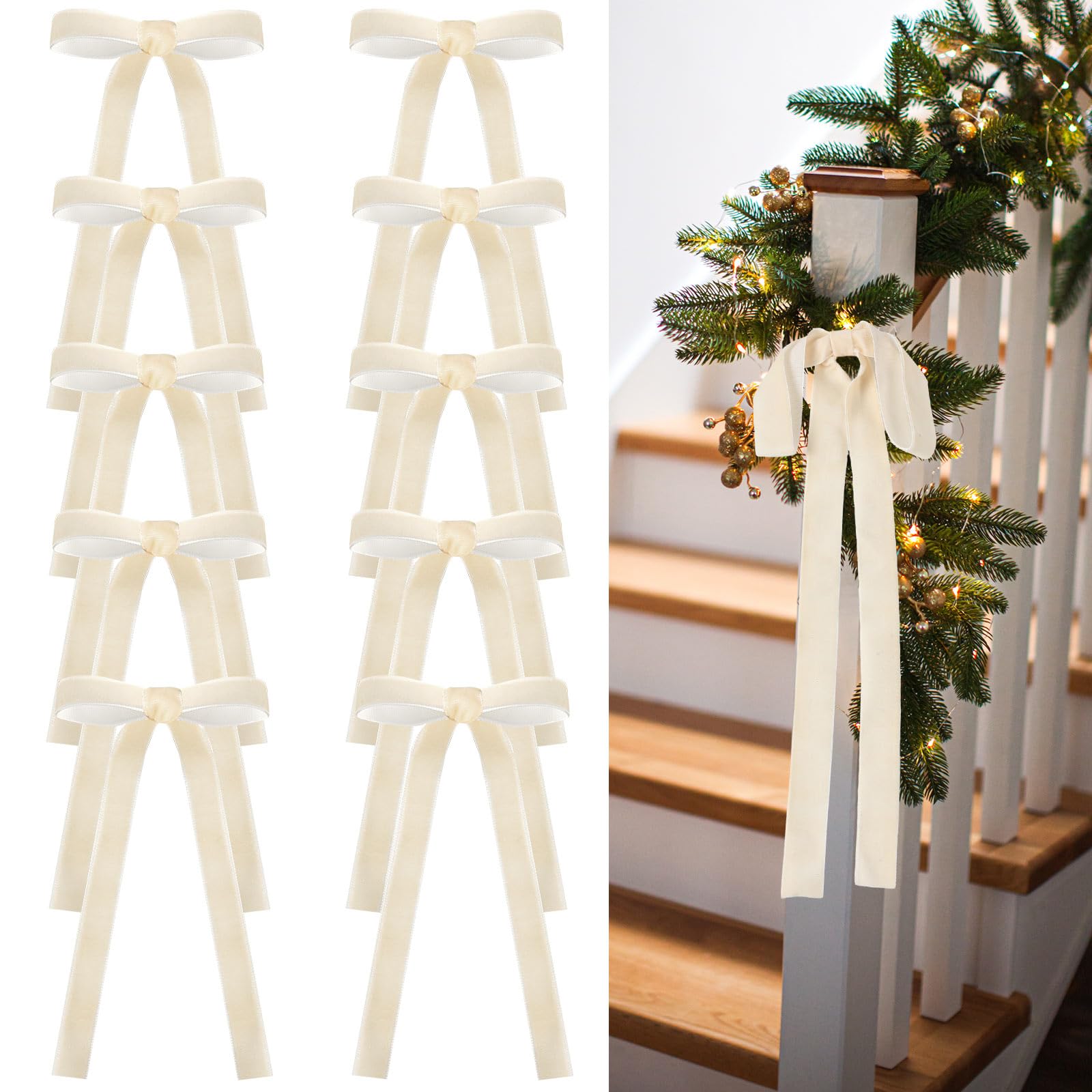 Photo 1 of Glitinsel Beige 24 Pcs Velvet Bows Christmas Tree Ornaments Valentines Day Bows Decoration for Garland Home Coquette Wedding Decor (9 x 13 Inch,Width of 1")