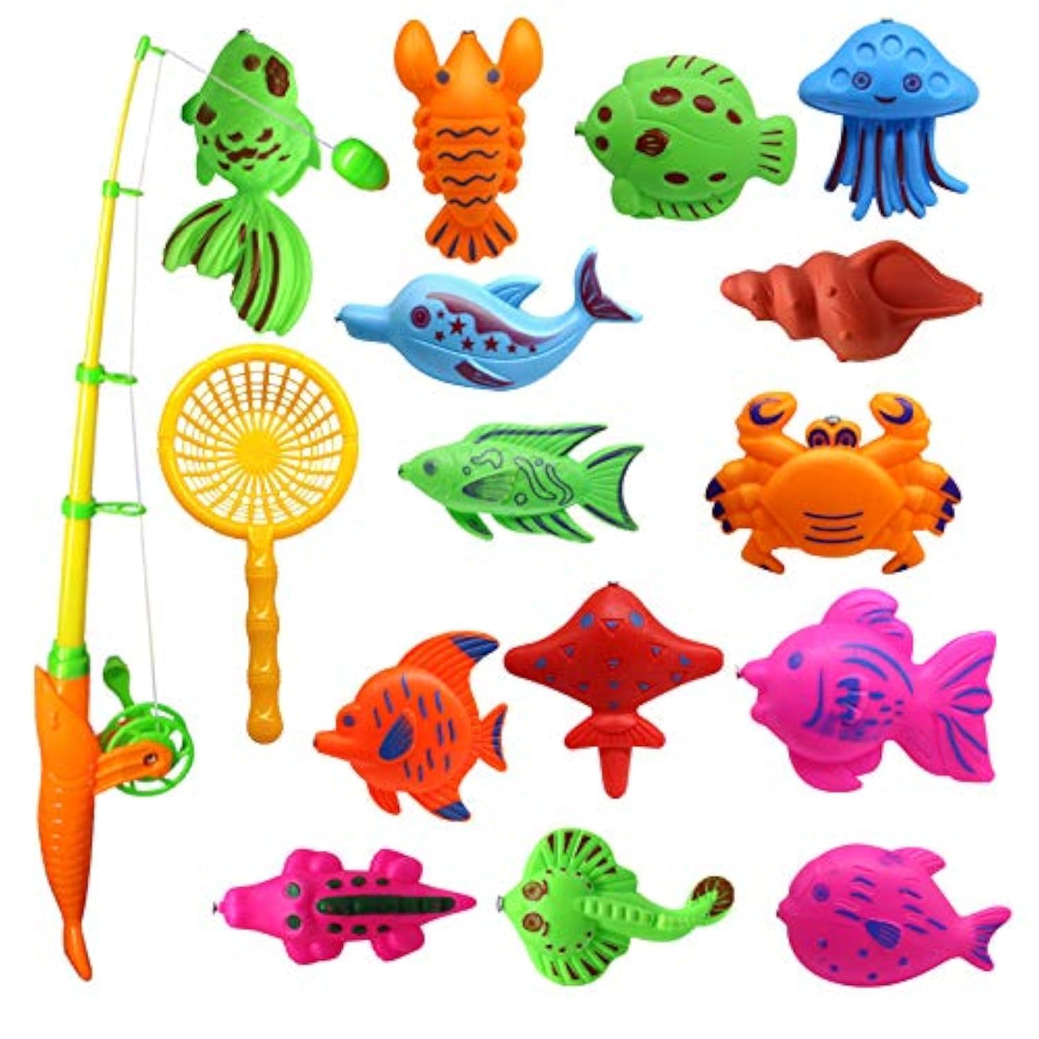 zalati Fishing Bath Toy Bath Game Set for All Ages Pool Water Game Outdoor - 13pcs Fish + 1pcs Magnetic Fishing Rod and Plastic Net - Random Colors and Fishs