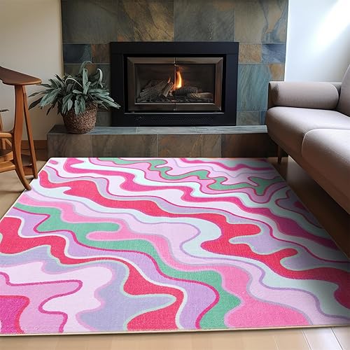 Aldopein Vintage Abstract 4x6 Area Rug Ultra Thin Funky Aesthetic Colorful Striped Living Room Rug Washable Cute Hot Pink Throw Carpet for Kitchen Entryway Bedroom Dorm Nursery