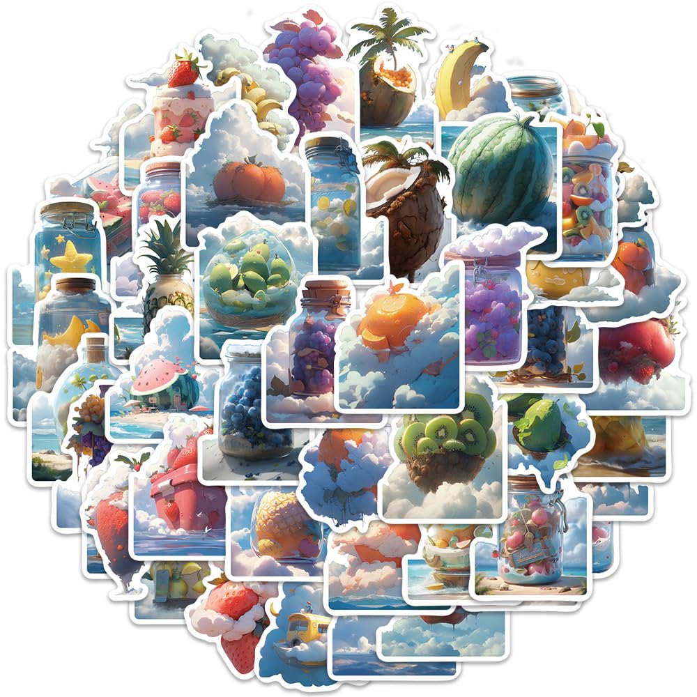 50 Pcs Fruit Stickers for Kids Teens Adults Boys Girls Gift,Stickers Pack for Laptop,Skateboard,Luggage,Car,Bike, Cup,Computer,Water Bottle Decor,Cloud Vinyl Waterproof Sticker Decals
