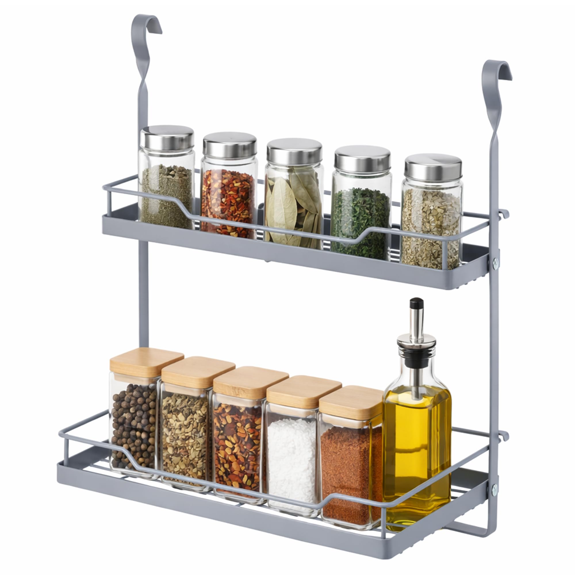 LIVIVO 2 Tier Hanging Storage Shelf Rack For for Spices Herbs Condiments Seasoning Kitchen Rail Plates Bowl Tumbler Glasses Utensil Cutlery Knives Pots Paper Towel (2 Tier Spice Rack, Grey)