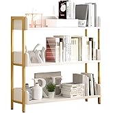 OSCHF Wide Open Shelf Bookcase - Modern 3-Tier Floor Standing Display Bookshelf with Three-Side Panels for Home and Office, Storage Shelving in Warm White with Gold Frame