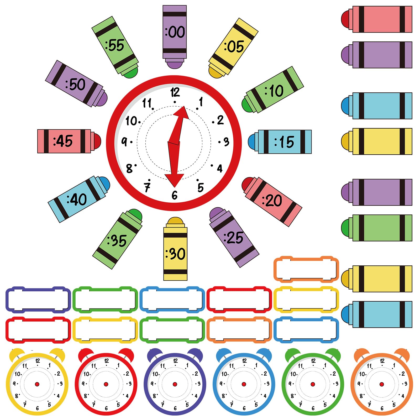 Photo 1 of FYSUIMU 45 Pcs Telling Time Bulletin Board Decoration Set Colored Crayon Clock Practice Cutouts Time Learning Paper Labels with Glue Points for Back to School Party Classroom Wall