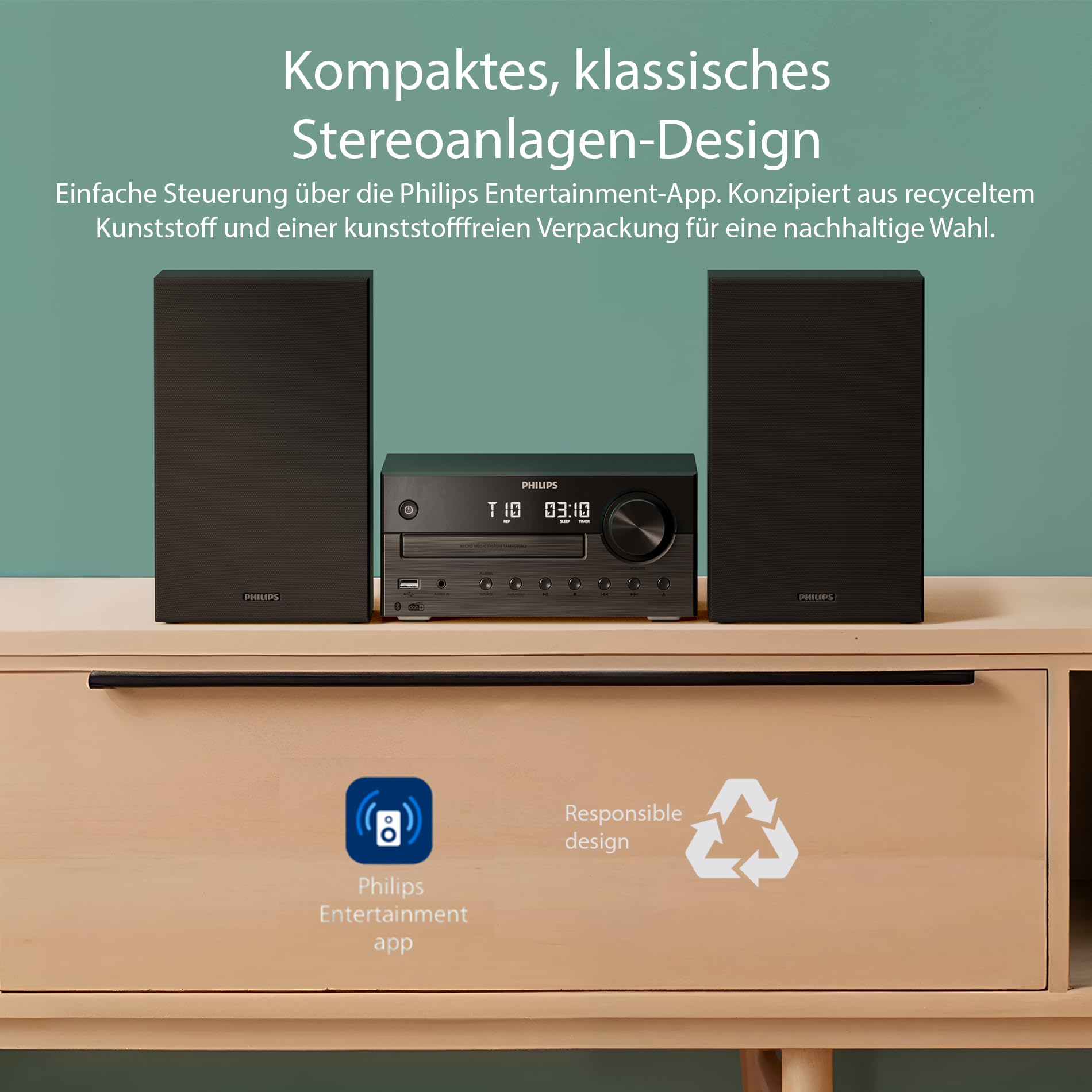 Philips TAM4555 Mikro-Hi-Fi-Anlage – 100 W, Bassreflex, DAB+/UKW, CD, USB, Audio-Eingang, Bluetooth 5.4, Auracast, Fernbedienung, digitale Soundvoreinstellungen, umweltfreundliche Verpackung 4