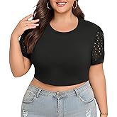 Lastshe Plus Size Lace Short Sleeve Cropped Tops for Women Summer Trendy Basic T Shirt Blouses