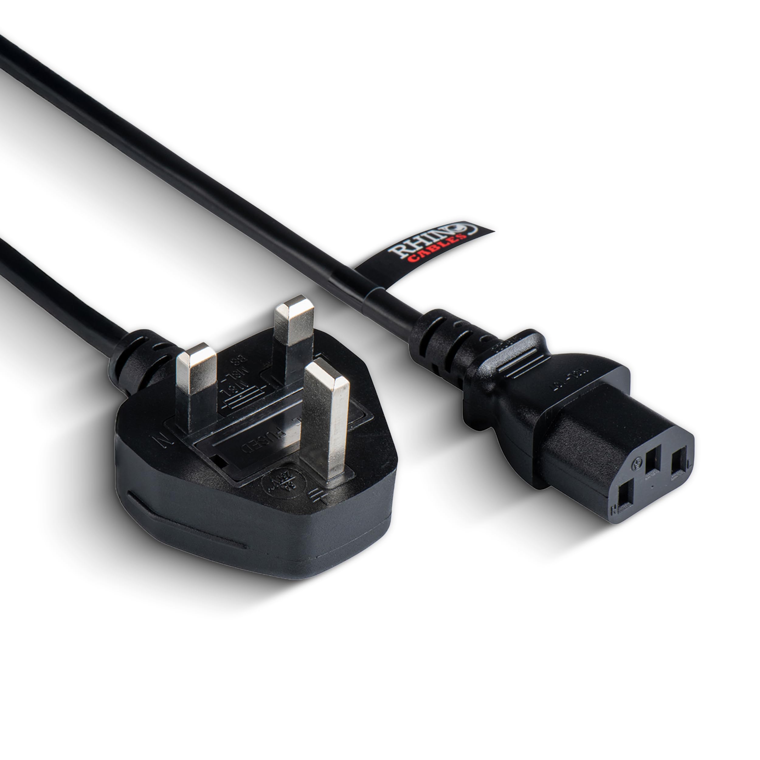 rhinocables IEC C13 Kettle Lead (3m) UK 3-Pin Plug to C13 Power Cable for PC, Computer, Monitor & Printer | Single Socket Extension Cord for Reliable Mains Power Supply | Home & Office Use, Black