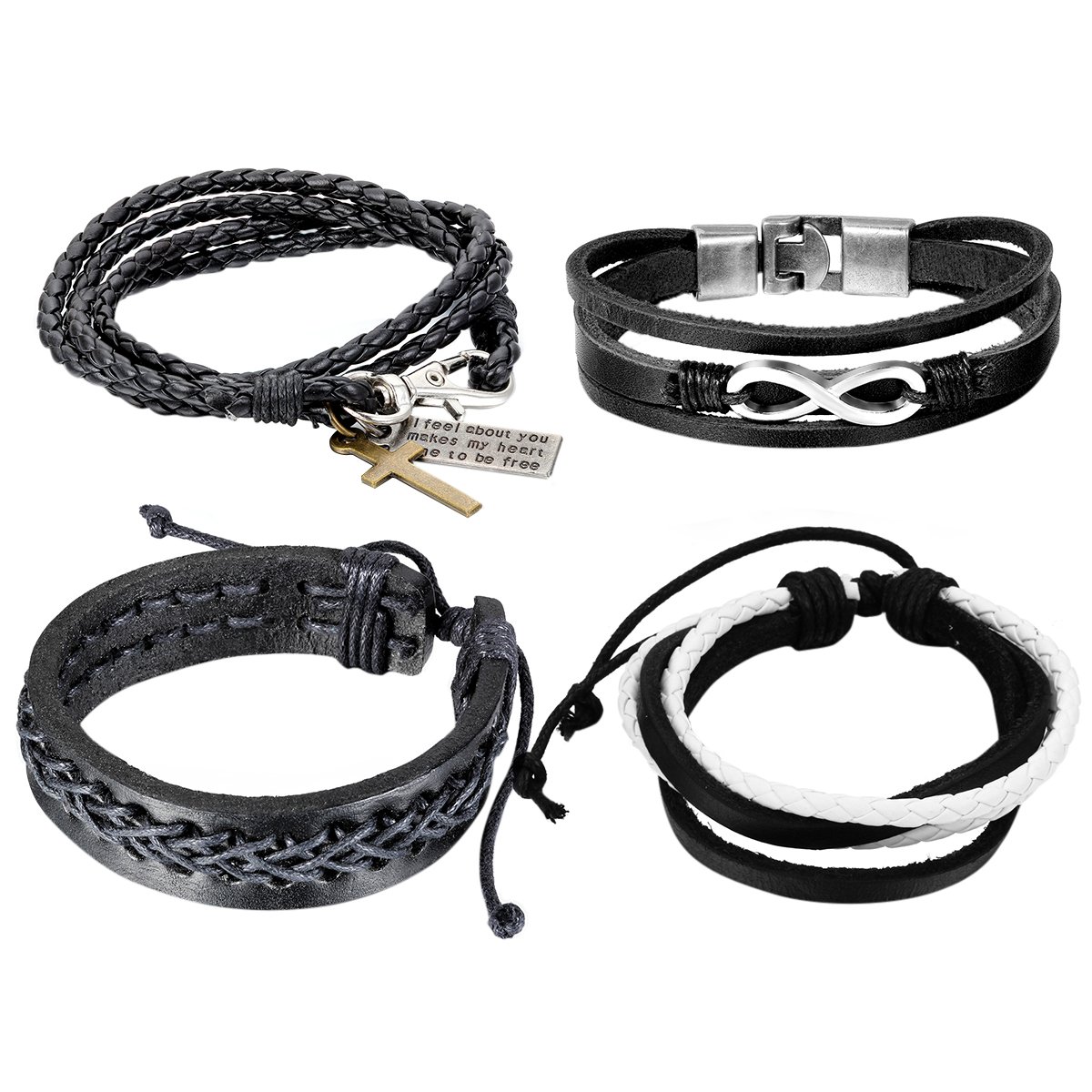 Cupimatch 4PCS Braided Tribal Infinity Symbol Cross Bracelet Leather Wristband Cuff