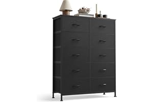 Sweetcrispy 10 Drawer Fabric Dresser Storage Tower with Bins, Tall Chest Organizer for Bedroom Closet Hallway, Steel Frame Wood Top Easy Pull Handles,Black