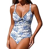 ZAFUL Women's 2 Pieces Tankini Swimsuits V Neck Bow Decor Lace up Tummy Control High Waisted Bikini Swimsuits